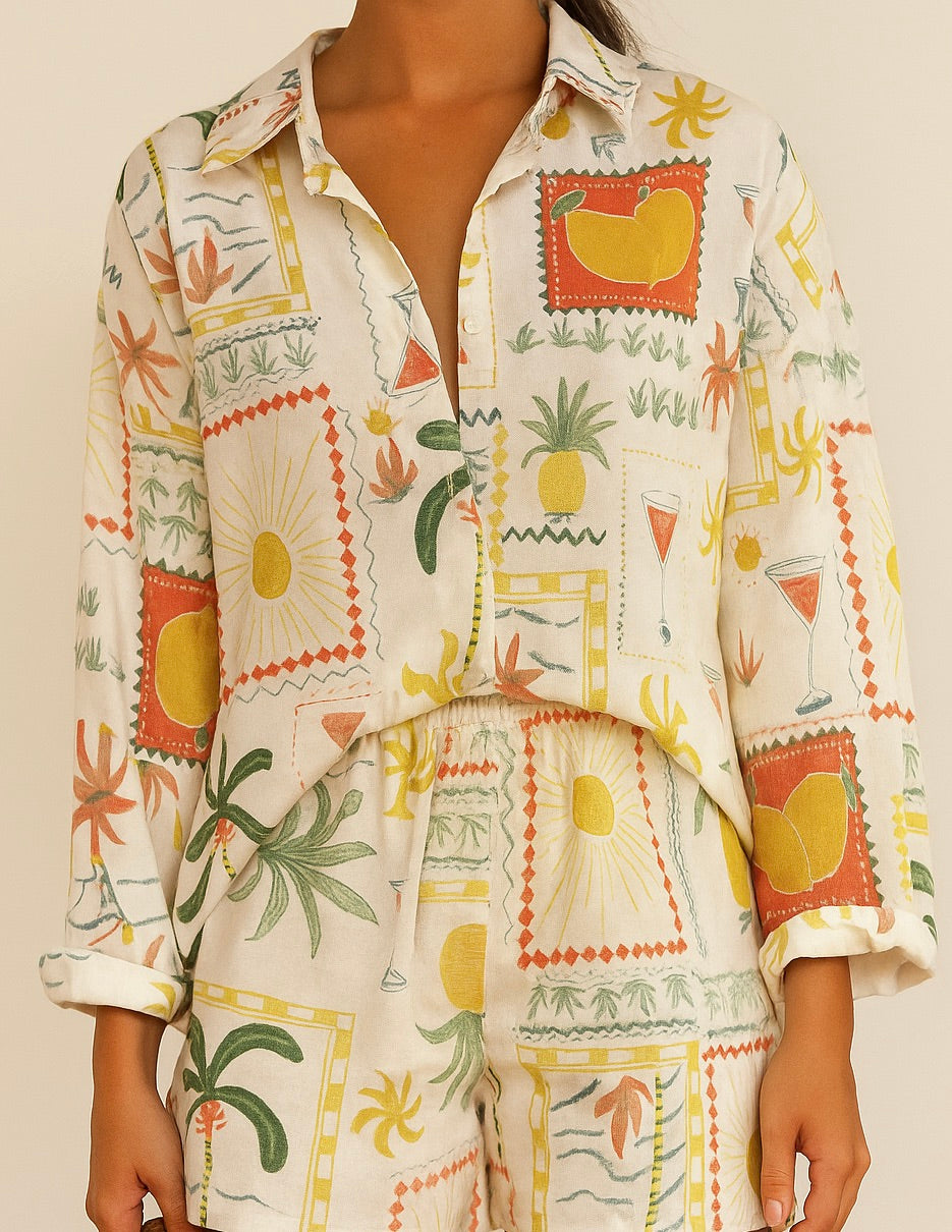 100% Linen Blouse Leinen Bluse Tropical
