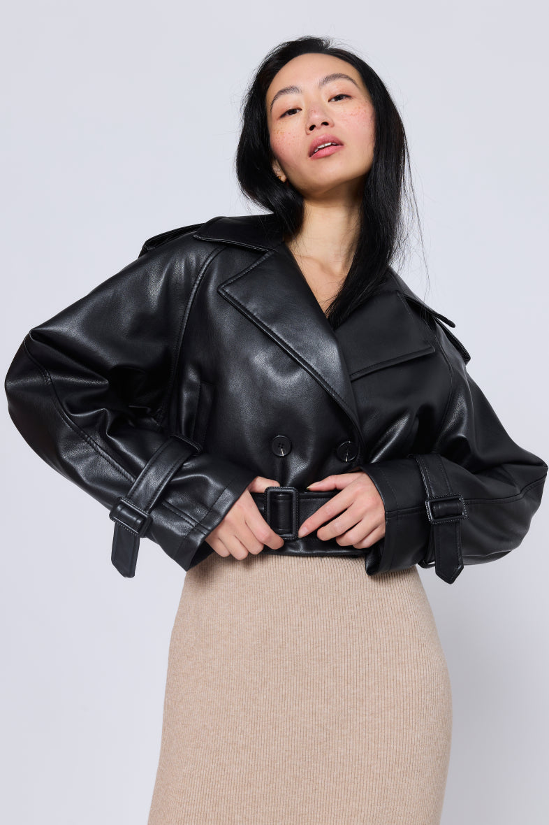 Cropped Trench Faux Leather Jacket Jacke 