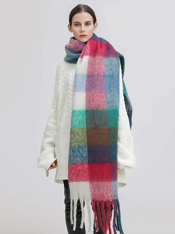 Long Plaid Fringed Colorful Scarf Schal 