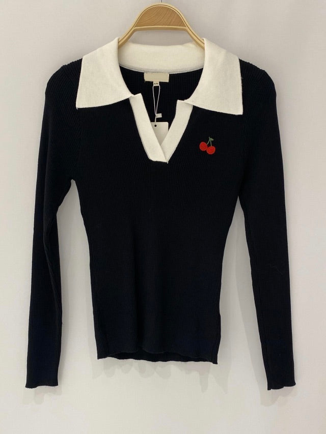 Fine Knit Polo Collar Sweater Pullover 