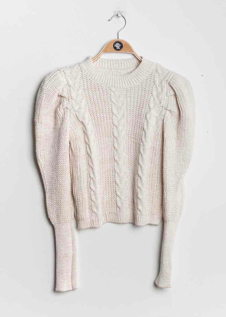 Cable Knit Sweater Puff Sleeves Pullover 