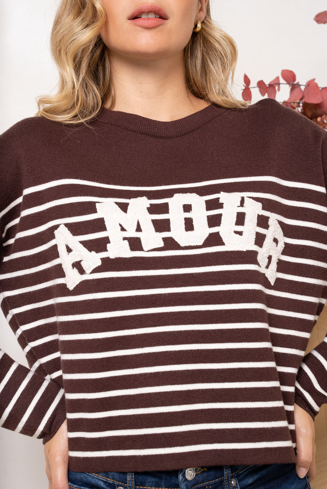 Chocolate Brown Striped Sweater Pullover AMOUR