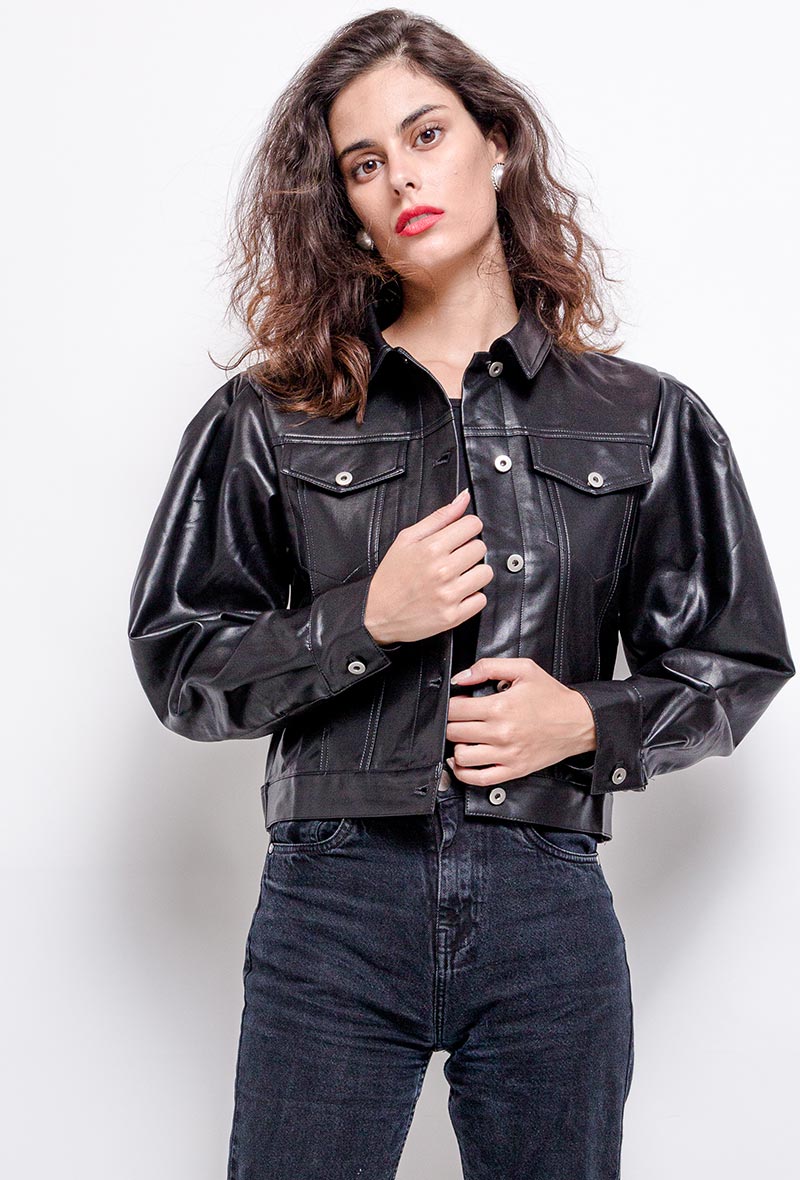 Faux Leather Jacket with Puff Sleeves Jacke 