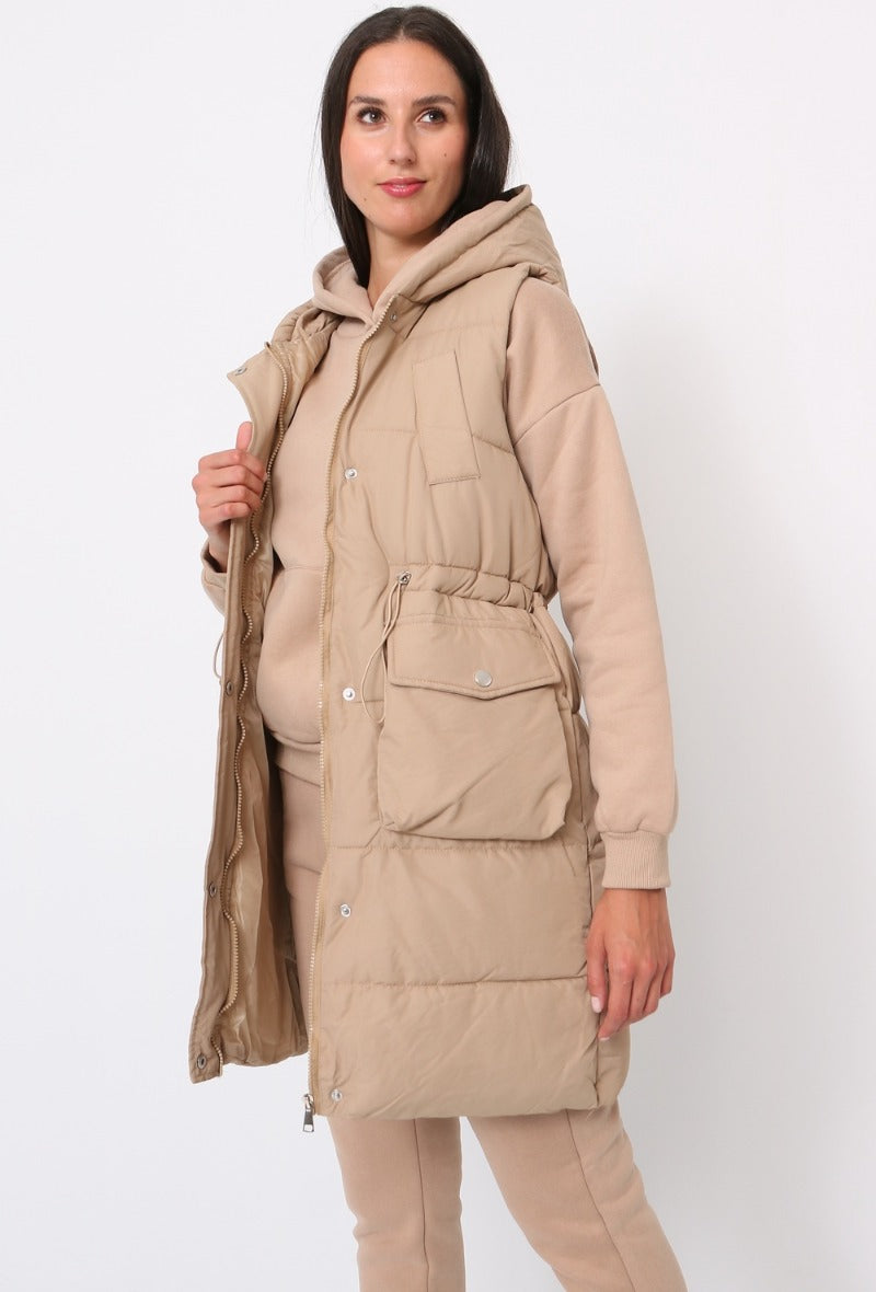 Sleeveless Puff Long Vest with Hood Steppweste 